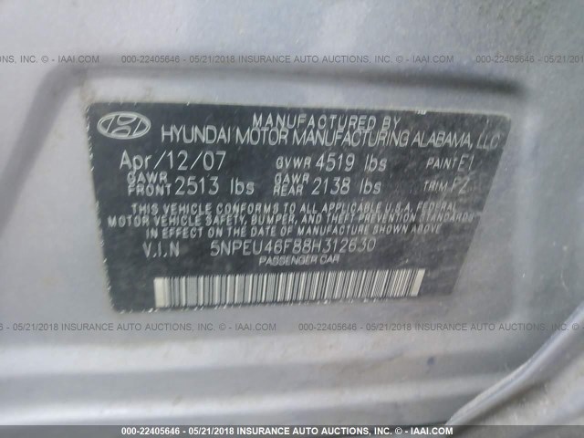 5NPEU46F88H312630 - 2008 HYUNDAI SONATA SE/LIMITED GRAY photo 9