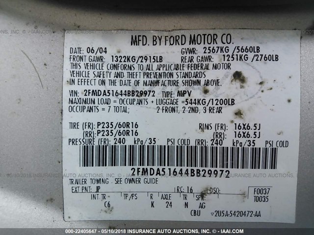 2FMDA51644BB29972 - 2004 FORD FREESTAR SE SILVER photo 9