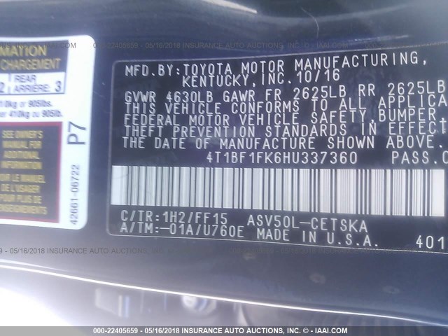 4T1BF1FK6HU337360 - 2017 TOYOTA CAMRY LE/XLE/SE/XSE Dark Blue photo 9