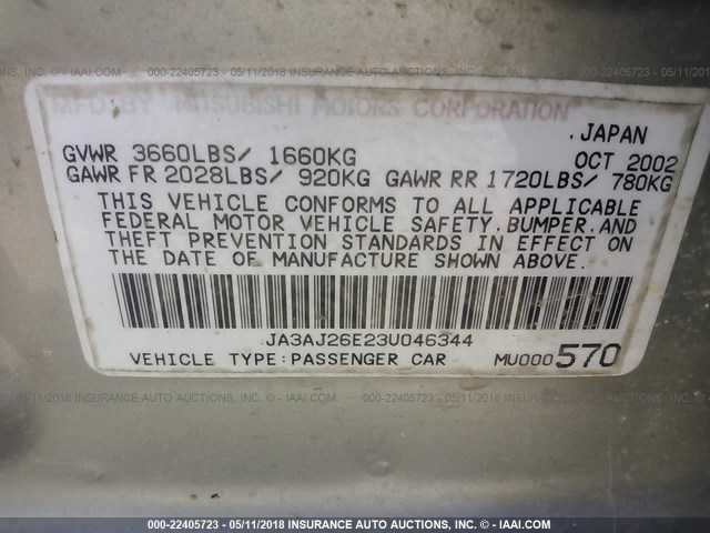 JA3AJ26E23U046344 - 2003 MITSUBISHI LANCER ES SILVER photo 9