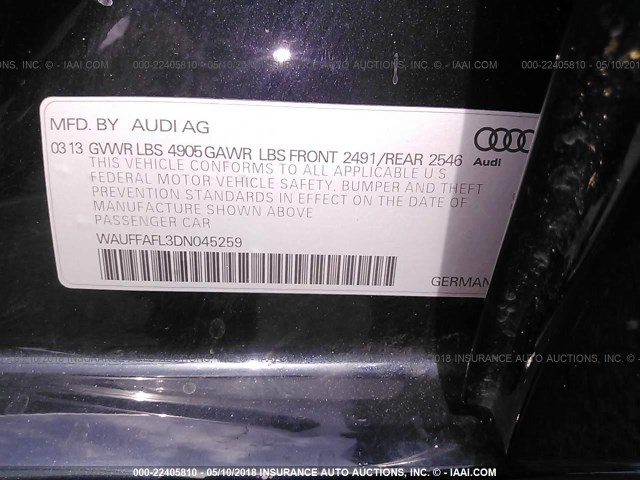 WAUFFAFL3DN045259 - 2013 AUDI A4 PREMIUM PLUS BLUE photo 9