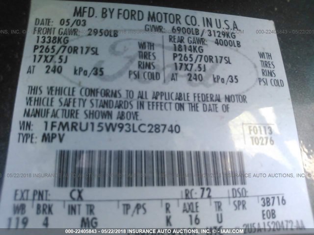 1FMRU15W93LC28740 - 2003 FORD EXPEDITION XLT GRAY photo 9