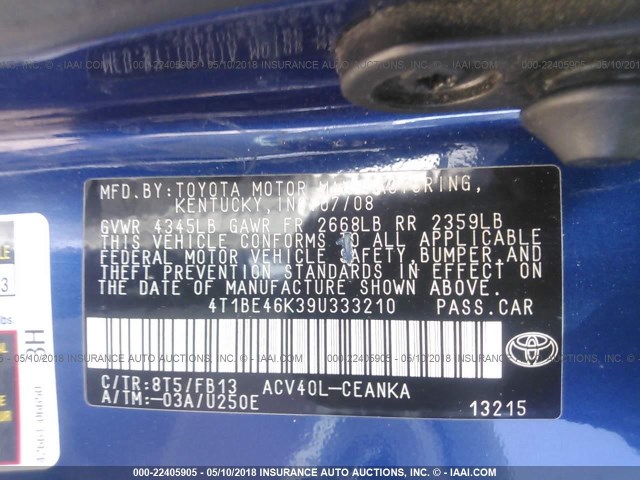 4T1BE46K39U333210 - 2009 TOYOTA CAMRY SE/LE/XLE 蓝色 照片 9