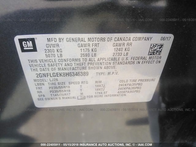 2GNFLGEK8H6346389 - 2017 CHEVROLET EQUINOX PREMIER GRAY photo 9