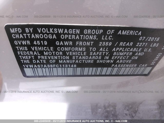 1VWAS7A38FC113148 - 2015 VOLKSWAGEN PASSAT S WHITE photo 9