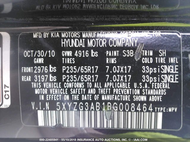 5XYZG3AB1BG008464 - 2011 HYUNDAI SANTA FE GLS BLACK photo 9