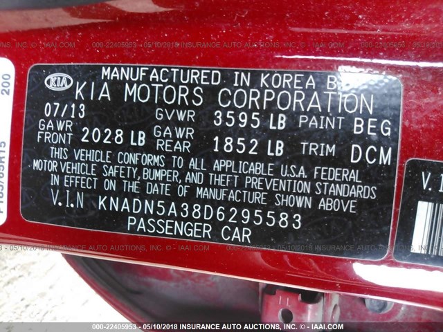 KNADN5A38D6295583 - 2013 KIA RIO EX/SX RED photo 9