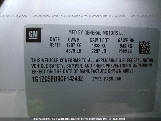 1G1ZC5EU9CF143482 - 2012 CHEVROLET MALIBU 1LT 银色 照片 9