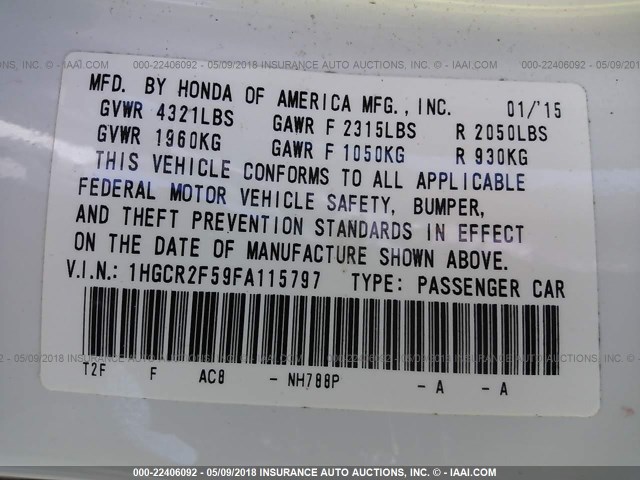 1HGCR2F59FA115797 - 2015 HONDA ACCORD SPORT 白色 照片 9