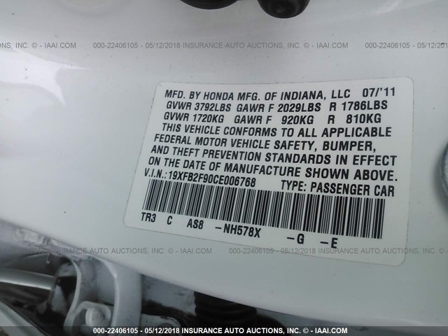 19XFB2F90CE006768 - 2012 HONDA CIVIC EXL WHITE photo 9
