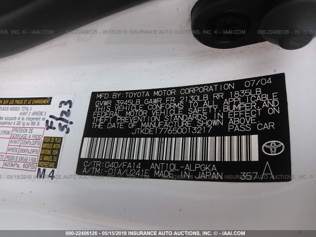 JTKDE177650013217 - 2005 TOYOTA SCION TC 白色 照片 9