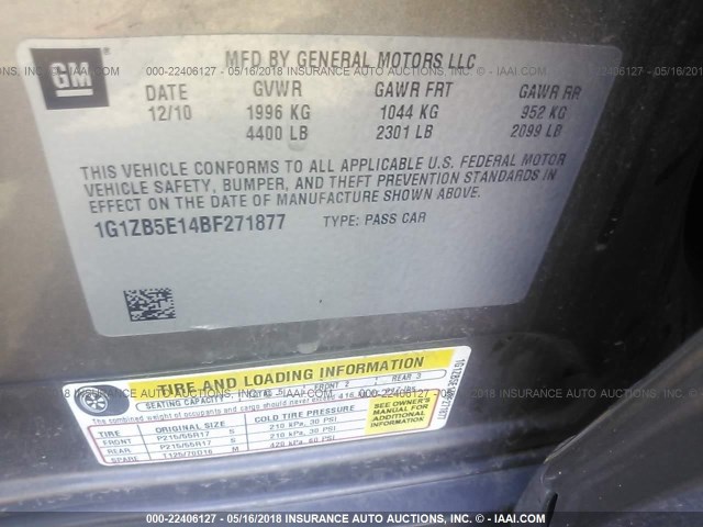 1G1ZB5E14BF271877 - 2011 CHEVROLET MALIBU LS ვერცხლისფერი ფოტო 9