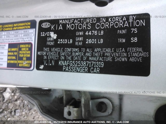 KNAFG525387171319 - 2008 KIA RONDO LX/EX SILVER photo 9