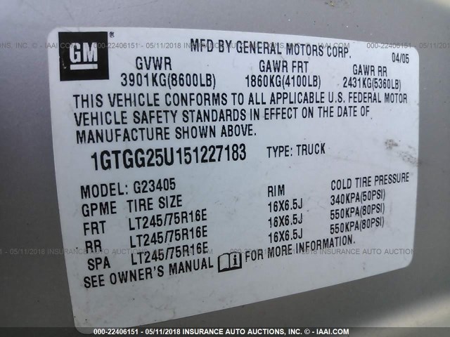 1GTGG25U151227183 - 2005 GMC SAVANA G2500 GRAY photo 9