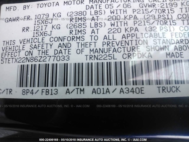 5TETX22N86Z277033 - 2006 TOYOTA TACOMA ACCESS CAB Blau Foto 9
