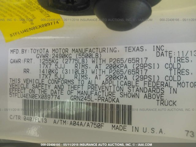 5TFLU4EN0EX089774 - 2014 TOYOTA TACOMA DOUBLE CAB 白色 照片 9