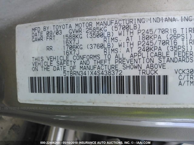 5TBRN341X4S438372 - 2004 TOYOTA TUNDRA ACCESS CAB SR5 GOLD photo 9