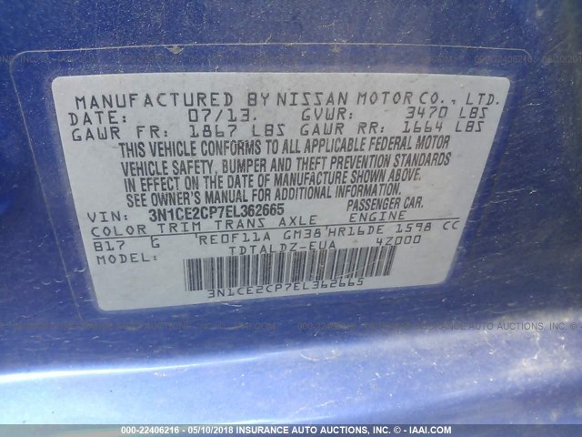 3N1CE2CP7EL362665 - 2014 NISSAN VERSA NOTE S/S PLUS/SV/SL BLUE photo 9