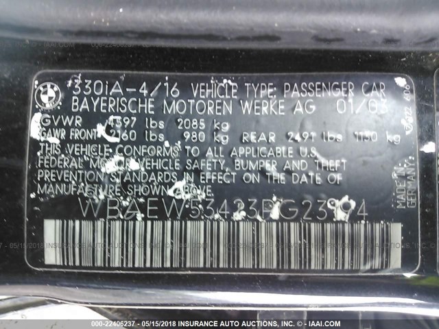 WBAEW53423PG23194 - 2003 BMW 330 XI BLACK photo 9