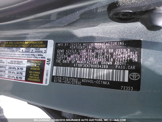 4T1BF3EK7BU694289 - 2011 TOYOTA CAMRY SE/LE/XLE 绿色 照片 9