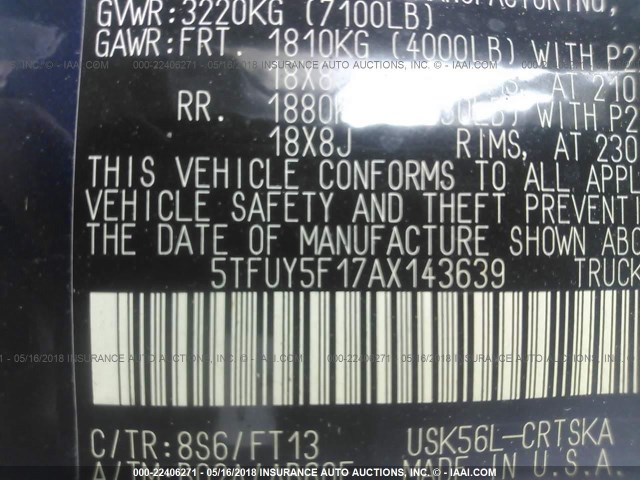 5TFUY5F17AX143639 - 2010 TOYOTA TUNDRA DOUBLE CAB SR5 BLUE photo 9