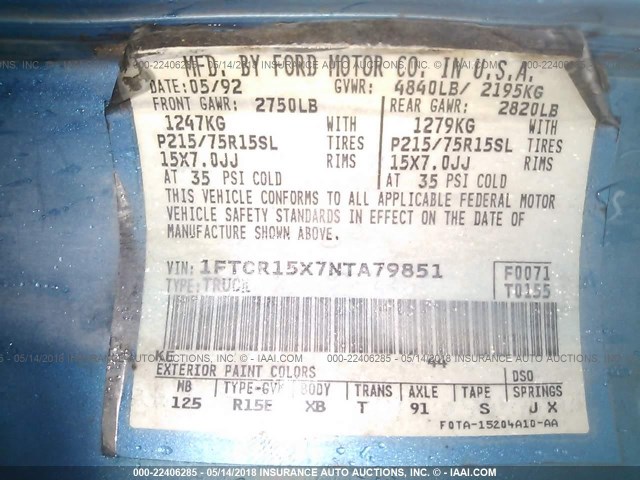 1FTCR15X7NTA79851 - 1992 FORD RANGER SUPER CAB BLUE photo 9