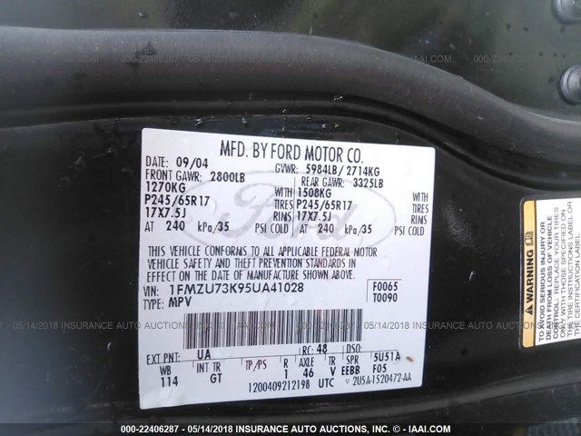 1FMZU73K95UA41028 - 2005 FORD EXPLORER XLT/XLT SPORT/NBX 黑色 照片 9