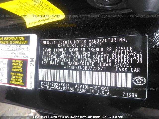 4T1BF3EK3BU725571 - 2011 TOYOTA CAMRY SE/LE/XLE 黑色 照片 9