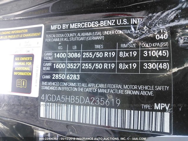 4JGDA5HB5DA235619 - 2013 MERCEDES-BENZ ML 350 4MATIC BLACK photo 9