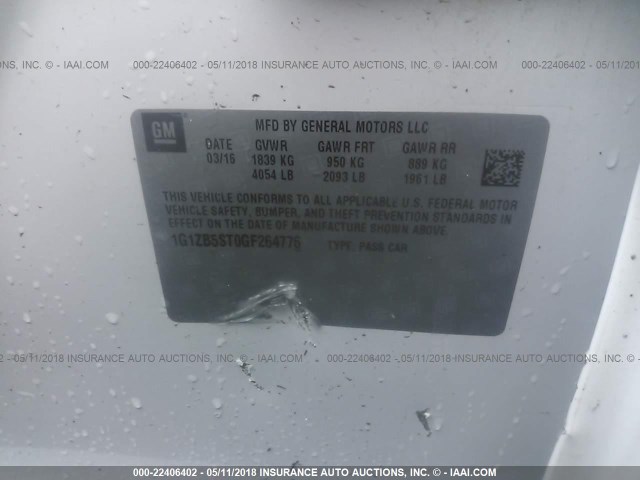 1G1ZB5ST0GF264776 - 2016 CHEVROLET MALIBU LS WHITE photo 9