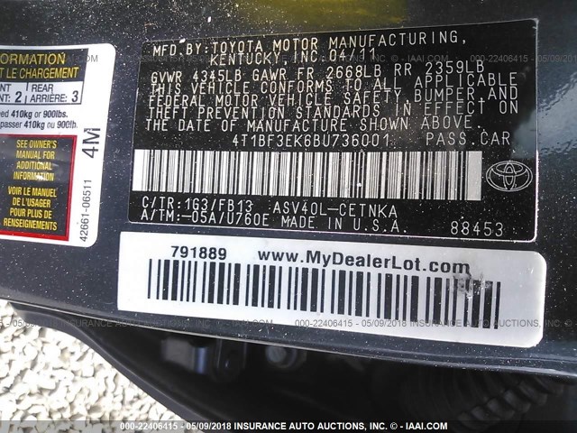 4T1BF3EK6BU736001 - 2011 TOYOTA CAMRY SE/LE/XLE GRAY photo 9