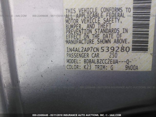 1N4AL2AP7CN539280 - 2012 NISSAN ALTIMA S 银色 照片 9