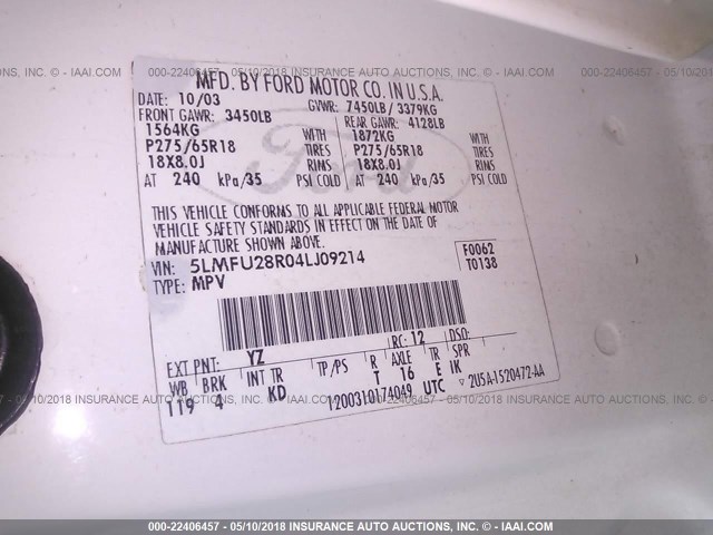 5LMFU28R04LJ09214 - 2004 LINCOLN NAVIGATOR 白色 照片 9