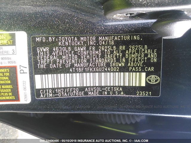 4T1BF1FKXGU244002 - 2016 TOYOTA CAMRY LE/XLE/SE/XSE Dark Blue photo 9