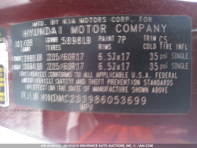 KNDMC233986053699 - 2008 HYUNDAI ENTOURAGE GLS/SE/LIMITED MAROON photo 9