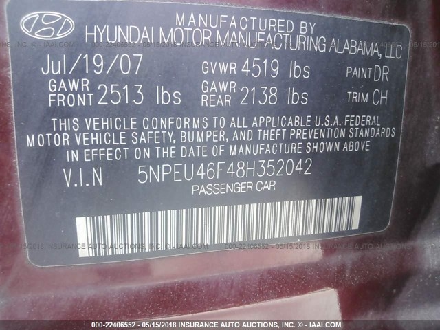 5NPEU46F48H352042 - 2008 HYUNDAI SONATA SE/LIMITED MAROON photo 9