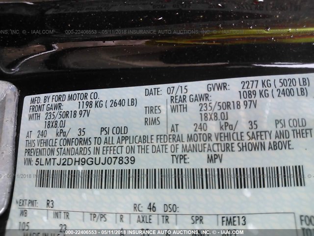 5LMTJ2DH9GUJ07839 - 2016 LINCOLN MKC SELECT იასამნისფერი ფოტო 9