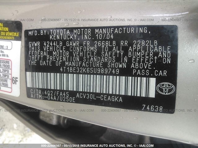 4T1BE32K65U989749 - 2005 TOYOTA CAMRY LE/XLE/SE 米色 照片 9