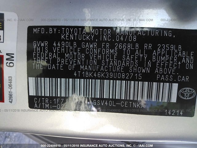 4T1BK46K39U082715 - 2009 TOYOTA CAMRY SE/LE/XLE SILVER photo 9