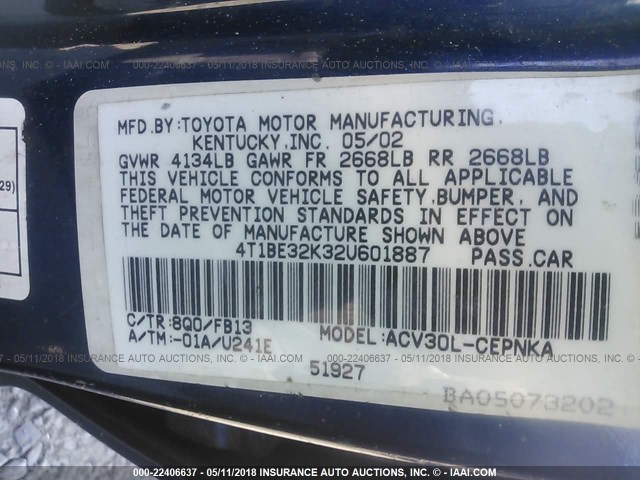 4T1BE32K32U601887 - 2002 TOYOTA CAMRY LE/XLE/SE ლურჯი ფოტო 9