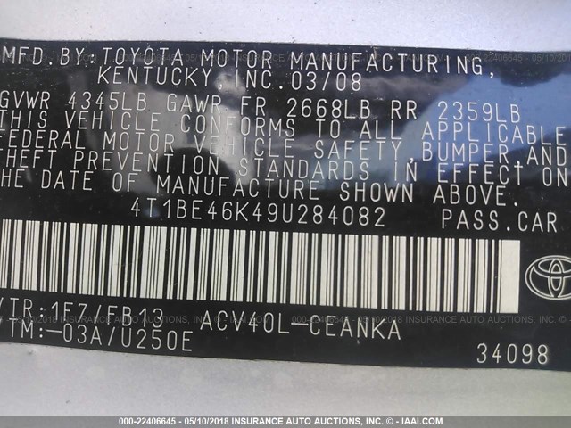 4T1BE46K49U284082 - 2009 TOYOTA CAMRY SE/LE/XLE SILVER photo 9