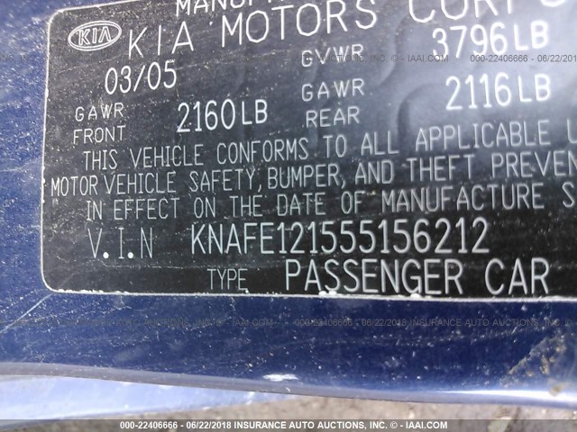 KNAFE121555156212 - 2005 KIA NEW SPECTRA LX/EX BLUE photo 9