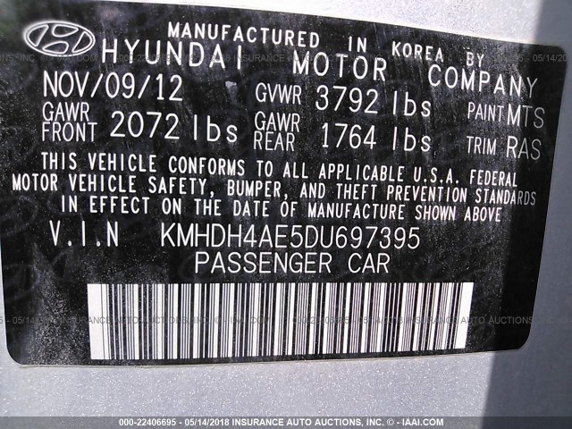 KMHDH4AE5DU697395 - 2013 HYUNDAI ELANTRA GLS/LIMITED SILVER photo 9