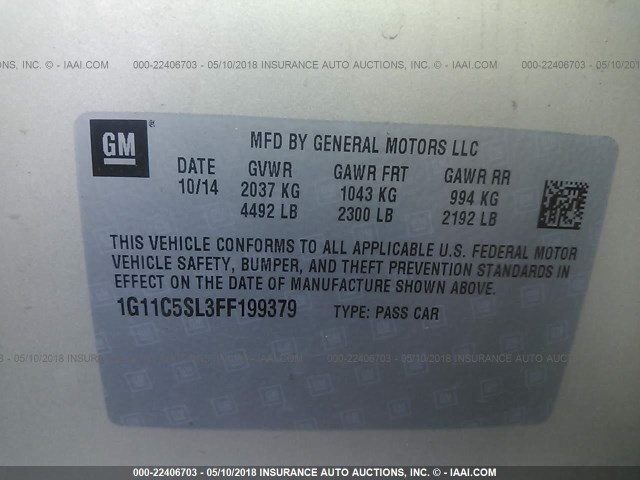 1G11C5SL3FF199379 - 2015 CHEVROLET MALIBU 1LT 米色 照片 9