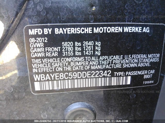 WBAYE8C59DDE22342 - 2013 BMW 750 LI BLACK photo 9