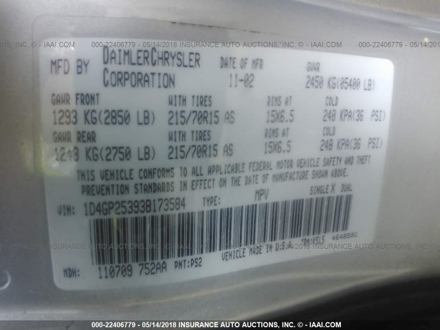 1D4GP25393B173584 - 2003 DODGE CARAVAN SE GRAY photo 9