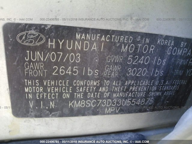 KM8SC73D33U554875 - 2003 HYUNDAI SANTA FE GLS/LX SILVER photo 9