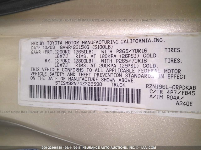 5TESM92N74Z329598 - 2004 TOYOTA TACOMA XTRACAB PRERUNNER ოქროსფერი ფოტო 9