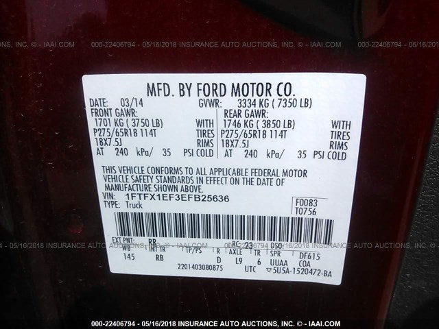 1FTFX1EF3EFB25636 - 2014 FORD F150 SUPER CAB RED photo 9