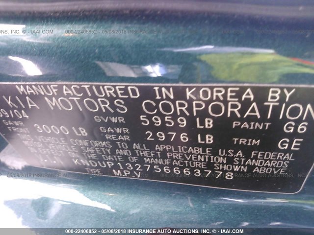 KNDUP132756663778 - 2005 KIA SEDONA EX/LX GREEN photo 9